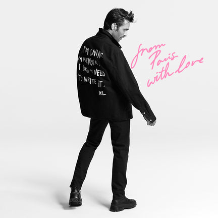 Man wearing a black jacket with text on the back, standing against a white background with 'From Paris with Love' text.